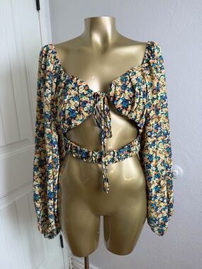 Mulla Floral Tie-Front Long Sleeve Crop Top - Yellow & Blue M